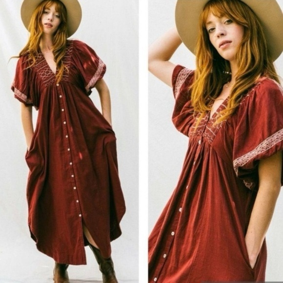 Free People Maroon Embroidered Puff Sleeve Midi Dress sz S - Picture 2 of 7
